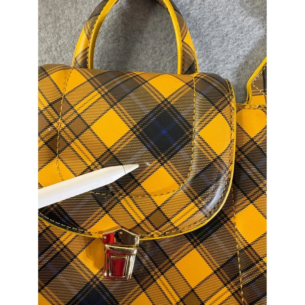 Yellow Plaid Crossbody Satchel Bag Gold Hardware Adjustable Strap Top Handle - Picture 3 of 16